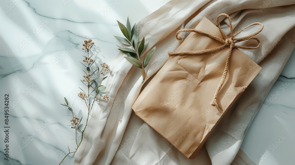 Brown paper bag with twine bow, green sprigs, and white flowers on white cloth background, placed on marble surface in natural light Brown paper bag with twine bow, green sprigs, and white flowers on white cloth background, placed on marble surface in natural light
