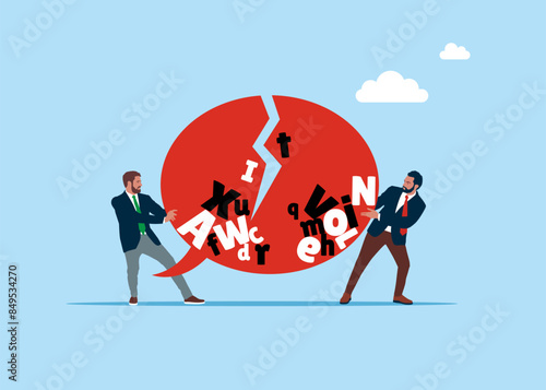 Symbol of misunderstanding, negotiation problem. Two people crash speech bubble conversation interaction problem. Flat vector illustration