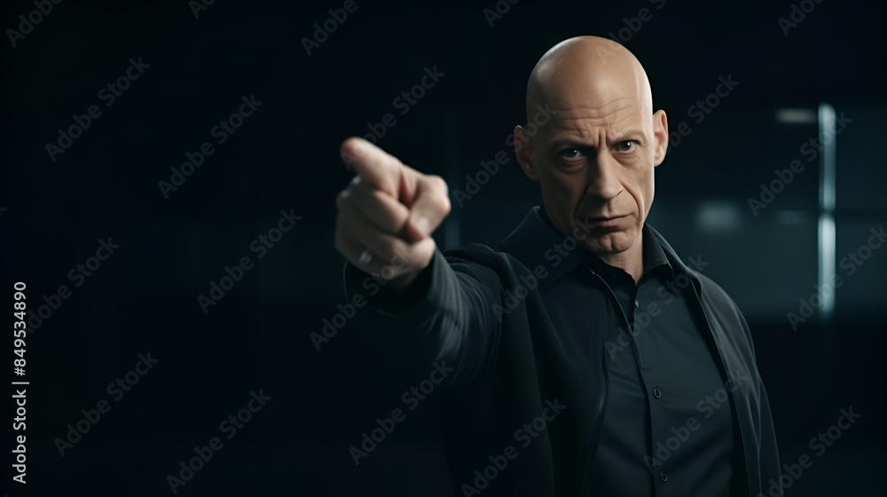 medium shot of a bald supervisor standing and seriously giving orders with hand gestures medium shot of a bald supervisor standing and seriously giving orders with hand gestures