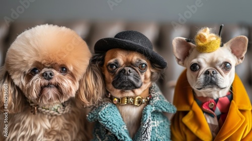 Three dogs, each wearing unique and stylish accessories, pose for a photo during an educational workshop on pet fashion