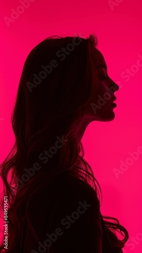 A woman with long hair is standing in front of a pink background