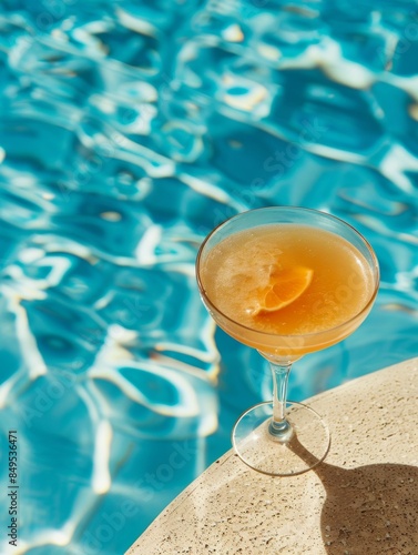 A glass of alcohol is sitting on a table next to a pool photo