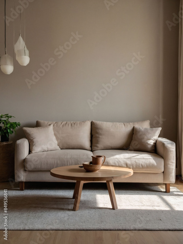 Beige couch in Japandi living room interior. photo