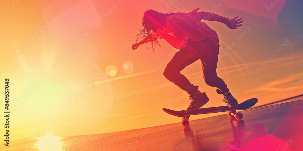 Naklejka premium Sports (Skateboard): A figure riding a skateboard, symbolizing the skateboarding trend of the 1970s