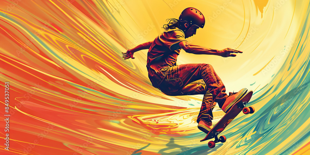Obraz premium Sports (Skateboard): A figure riding a skateboard, symbolizing the skateboarding trend of the 1970s
