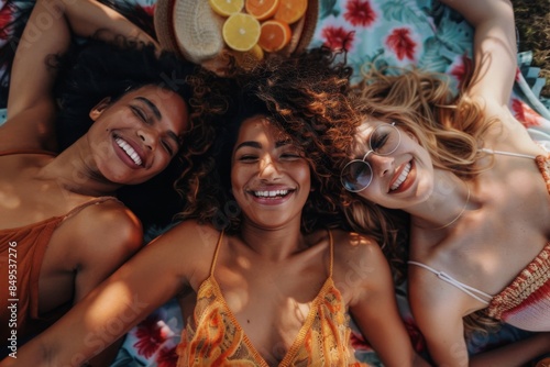 Three diverse friends lying on a floral picnic blanket, smiling and enjoying a sunny day outdoors. Includes a basket with sliced oranges.