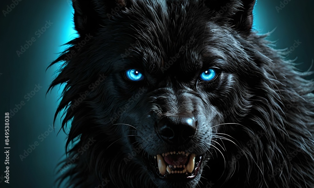 Naklejka premium wallpaper representing a black werewolf with blue eyes. Scary atmosphere.