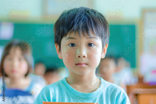 Asian schoolboy is sitting at his desk in a classroom with other students in the background © Alexandra