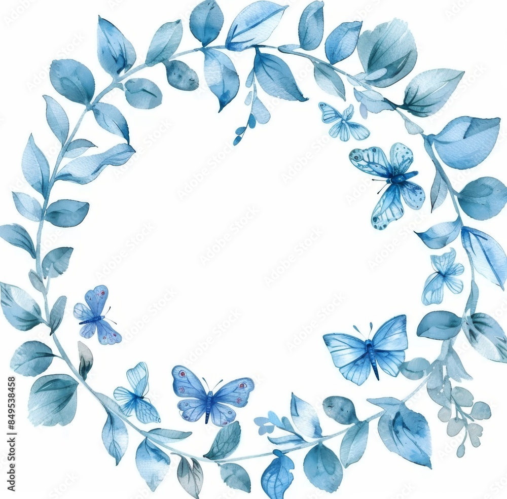Fototapeta premium Watercolor wreath of butterflies and leaves in indigo blue 