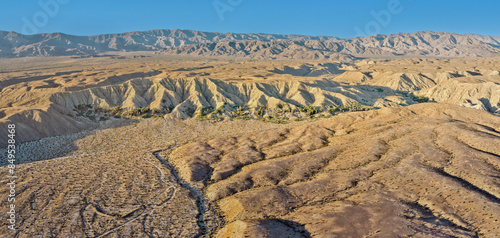 Aerial sunset view of Pushawalla Palms growing along the San Andreas fault near Indio.