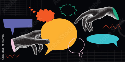 Trendy halftone collage with hand holding speech bubbles. Social media communication. Abstract template. Empty space for quote, plan and idea.    Vector illustration.