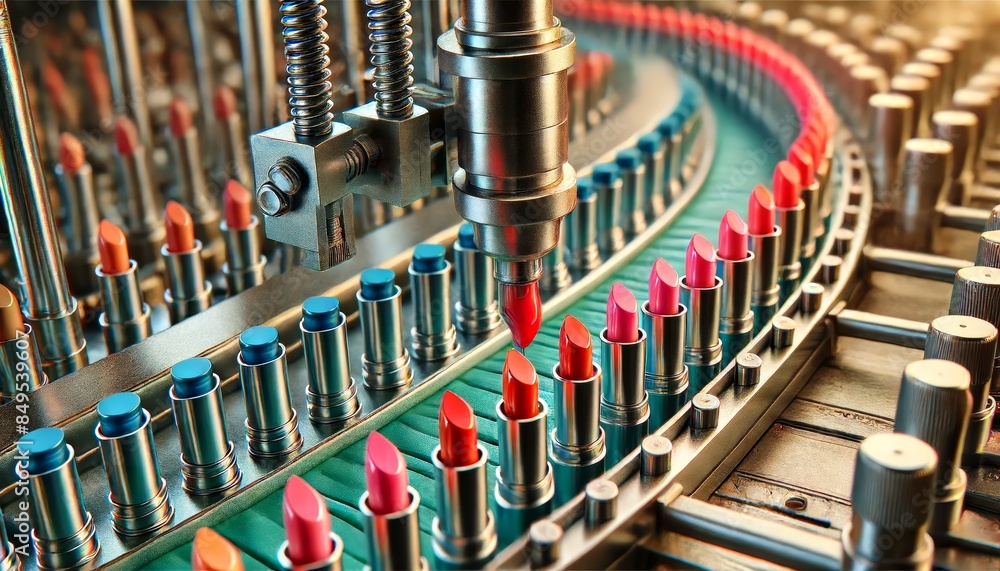 Close-up of lipstick tubes moving on a conveyor belt, highlighting the glossy finish and vibrant hues, with blurred background details, photo-realistic Close-up of lipstick tubes moving on a conveyor belt, highlighting the glossy finish and vibrant hues, with blurred background details, photo-realistic