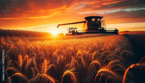 Sunset harvest, Combine harvester and tractor in golden wheat field, beautiful silhouette