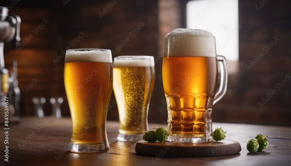 Three pints of craft beer on a rustic wooden table, surrounded by fresh hops, set in a cozy, dimly-lit pub, creating a warm and inviting atmosphere Three pints of craft beer on a rustic wooden table, surrounded by fresh hops, set in a cozy, dimly-lit pub, creating a warm and inviting atmosphere