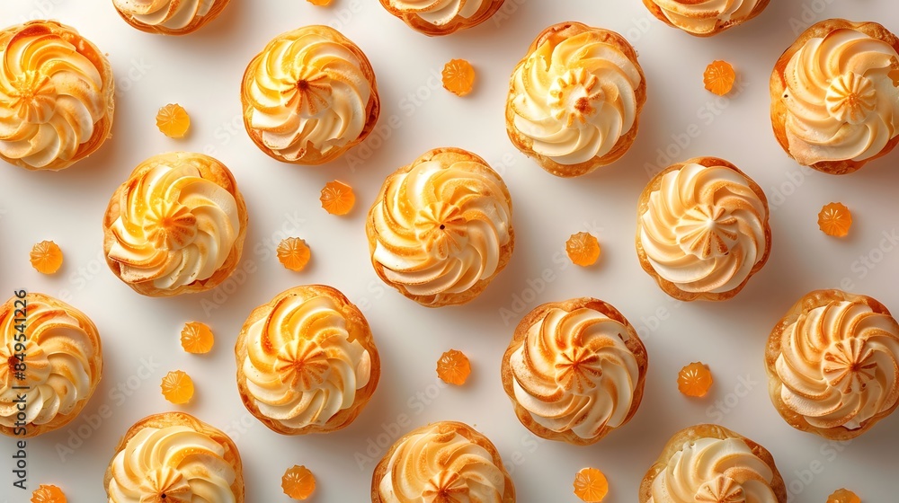 Cupcakes with cream frosting and orange candies on white background. Flat lay composition with copy space. Dessert and bakery concept for greeting card and invitation Cupcakes with cream frosting and orange candies on white background. Flat lay composition with copy space. Dessert and bakery concept for greeting card and invitation