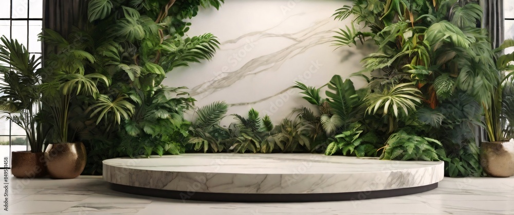 Obraz premium Empty marble top product display showcase stage with tropical lush jungle leaves background