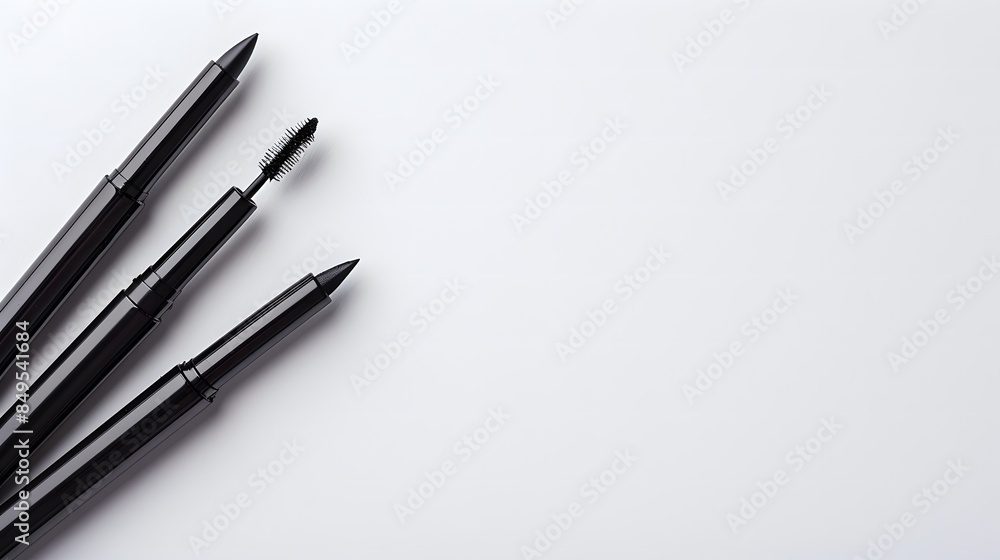Three black eyeliner pens on white background. Flat lay composition with copy space. Makeup and beauty product concept for design and print Three black eyeliner pens on white background. Flat lay composition with copy space. Makeup and beauty product concept for design and print