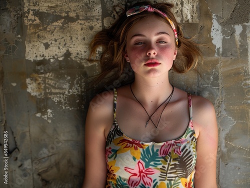 Young woman in a floral dress lying on a concrete floor, eyes closed © Thibaut Design Prod.