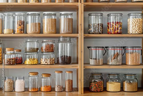 Various glass jars and containers filled with ingredients are neatly arranged on wooden shelves, showcasing a well-organized kitchen pantry for efficient food storage