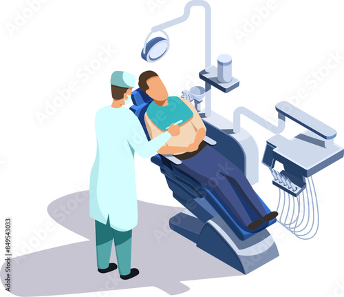 isometric dentist appointment in dental chair with patient and doctor, vector illustration