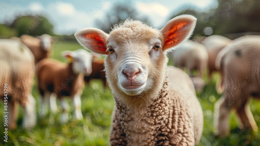 Fototapeta premium A young lamb, with fluffy white and brown fur, looks directly at the camera at a farmers market, likely in Morgansovka