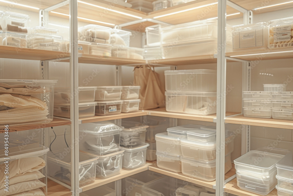Transparent plastic containers organizing clothes and other things on shelves in a modern storage room Transparent plastic containers organizing clothes and other things on shelves in a modern storage room