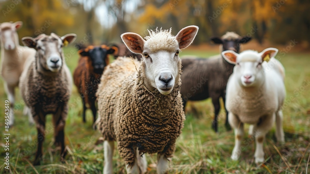 A group of sheep graze in a field, surrounded by autumn foliage. The sheep are various colors, including white, brown, and black, and they look peaceful and content A group of sheep graze in a field, surrounded by autumn foliage. The sheep are various colors, including white, brown, and black, and they look peaceful and content