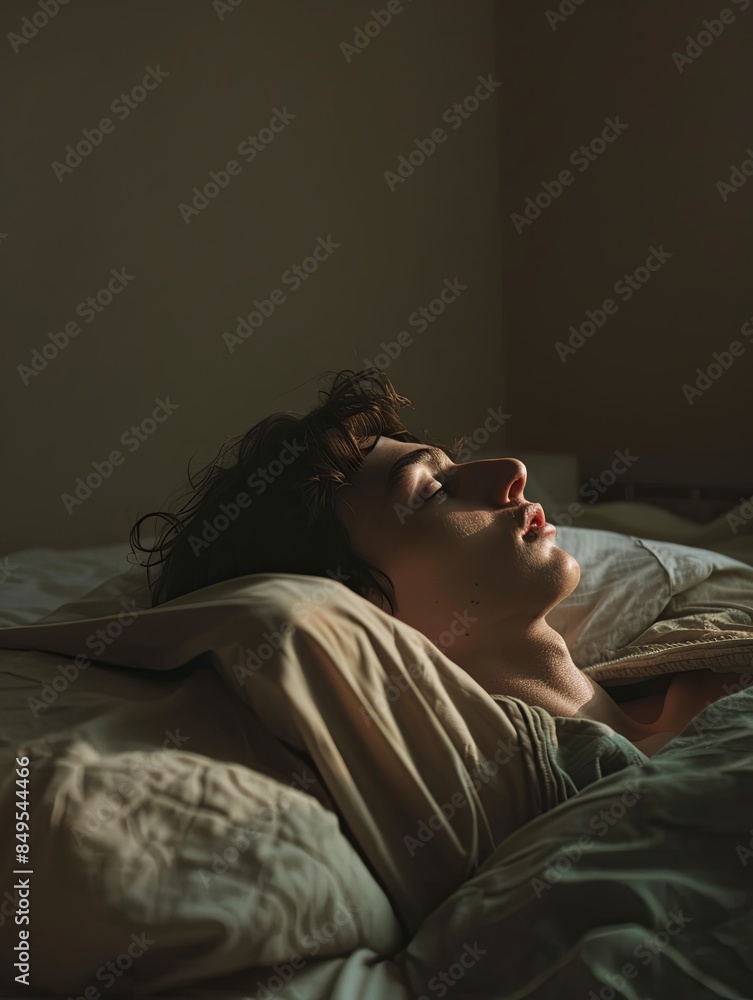 A young man lays in bed, eyes fixed on the dimly lit ceiling, conveying emptiness and despair in the soft, blurred background. Generative AI A young man lays in bed, eyes fixed on the dimly lit ceiling, conveying emptiness and despair in the soft, blurred background. Generative AI