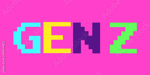 Gen Z as pixelated text. Young generation Z and digital technology and digital literacy. Vector illustration on plain pink background.
