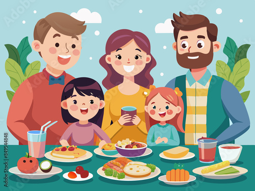 A family smiling and enjoying their meal