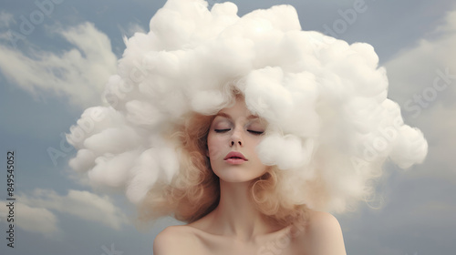 A sensual woman with cloud-shaped wigs, with light soft white hair.