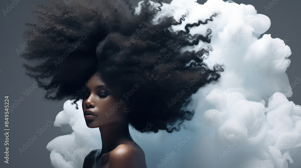 Curly Afro woman with lush unruly hair in need of care. Special shampoo for hair Curly Afro woman with lush unruly hair in need of care. Special shampoo for hair