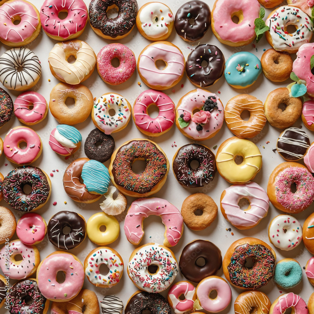 A varied assortment of donuts in a deliberate collection of colorful, round objects with a range of toppings including powdered sugar and cookie sprinkles A varied assortment of donuts in a deliberate collection of colorful, round objects with a range of toppings including powdered sugar and cookie sprinkles
