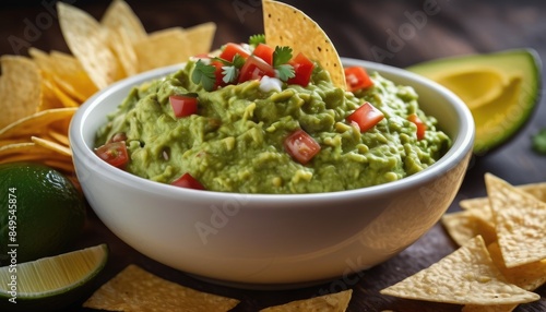 Freshly made guacamole in a white bowl, topped with tomatoes and cilantro, served with tortilla chips and a lime wedge, presenting a colorful and mouth-watering snack