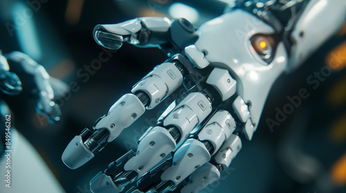 Close-up of a robotic hand with glowing eye, showcasing advanced technology and artificial intelligence. photo