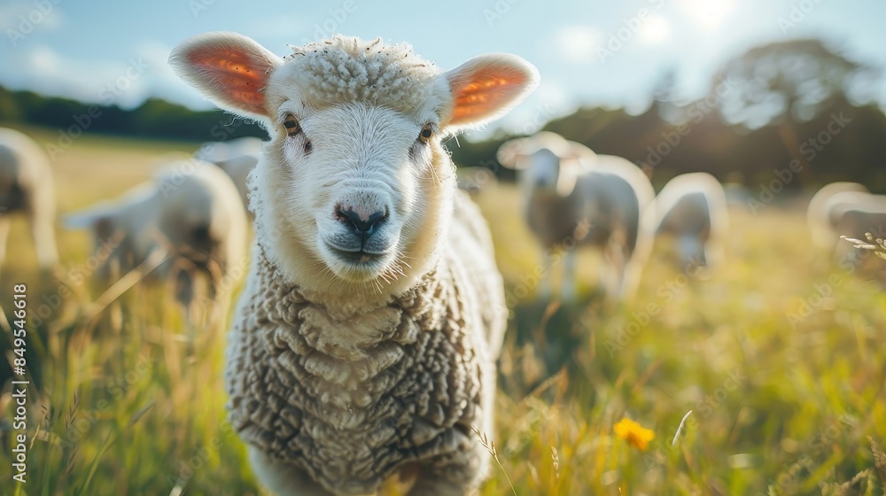 A single sheep stands in a grassy field, looking directly at the camera. The sheep has a soft, white coat and a gentle expression. Other sheep are visible in the background A single sheep stands in a grassy field, looking directly at the camera. The sheep has a soft, white coat and a gentle expression. Other sheep are visible in the background