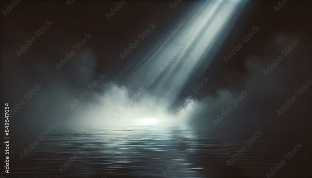 Atmospheric scene with light beams piercing through mist, illuminating the surface of a calm body of water. Atmospheric scene with light beams piercing through mist, illuminating the surface of a calm body of water.