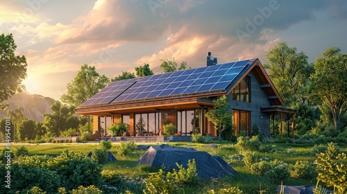 A modern, sustainable home with solar panels on the roof, nestled amongst trees and greenery. The image is taken at sunset, with the warm light illuminating the house and the surrounding landscape