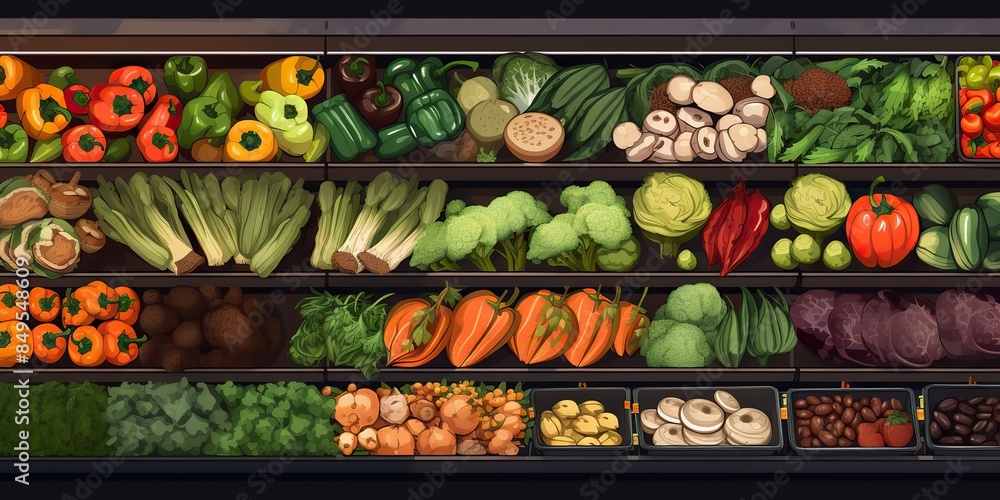 vegetables in gorcery store comics cartoon draw paint ink style. Eco healthy meal food scene view vegetables in gorcery store comics cartoon draw paint ink style. Eco healthy meal food scene view