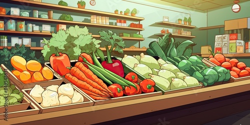 vegetables in gorcery store comics cartoon draw paint ink style. Eco healthy meal food scene view photo