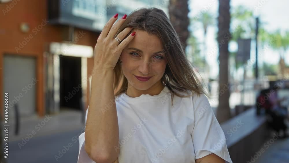 An attractive young blonde woman smiles confidently while posing on an urban street in a city, dressed casually in a white shirt, showcasing a ring and manicure. An attractive young blonde woman smiles confidently while posing on an urban street in a city, dressed casually in a white shirt, showcasing a ring and manicure.