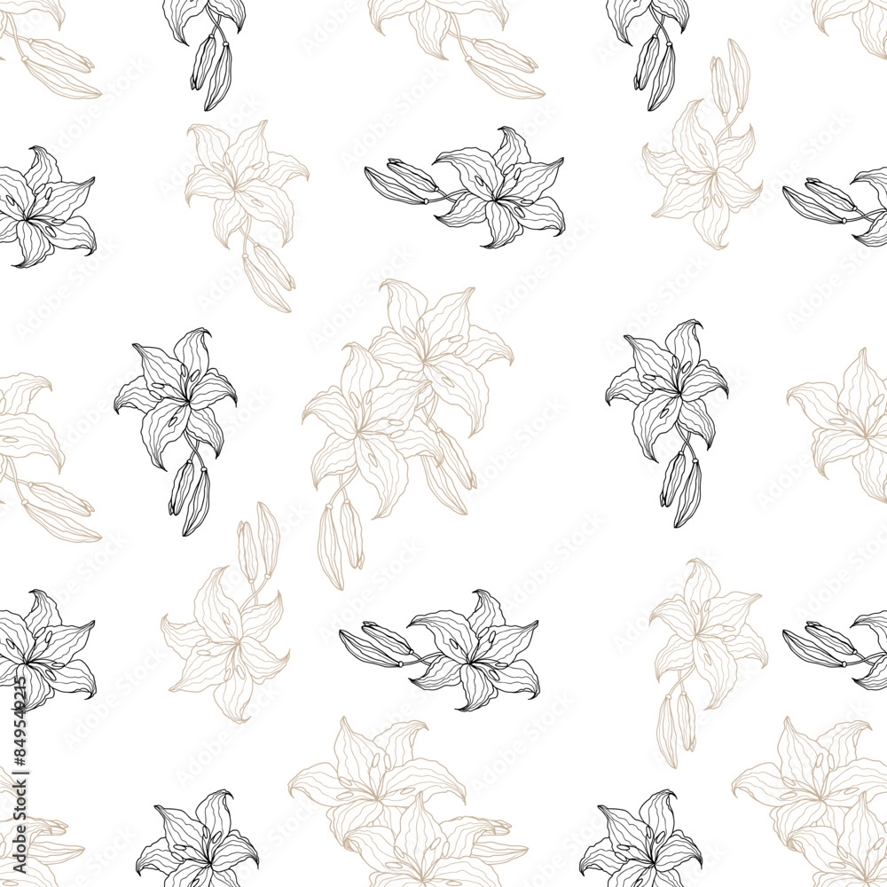 Lilly line art flower seamless pattern for design of fabric, scrapbook, wallpaper. Delicate hand drawn vector background Lilly line art flower seamless pattern for design of fabric, scrapbook, wallpaper. Delicate hand drawn vector background