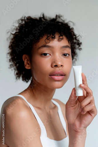 jeune femme à la peau matte, tenant dans sa main un tube blanc sans marque pour marque blanche, maquette, peau jeune et saine, soin dermatologique, pour visage, hydratation et protection