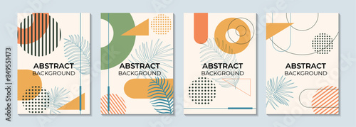 Set of modern abstract covers , minimal style with geometric shapes. Colorful background with tropic leaves. Good for poster, card, invitation, flyer, cover, banner, placard, brochure 