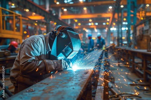Industrial Welder Working on Metal Beam in Busy Factory