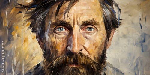 Expressive Portrayal of Henry David Thoreau in Oil Paint with Bold Brushstrokes. Concept Portrait Painting, Oil Painting, Bold Brushstrokes, Expressive Art, Henry David Thoreau photo