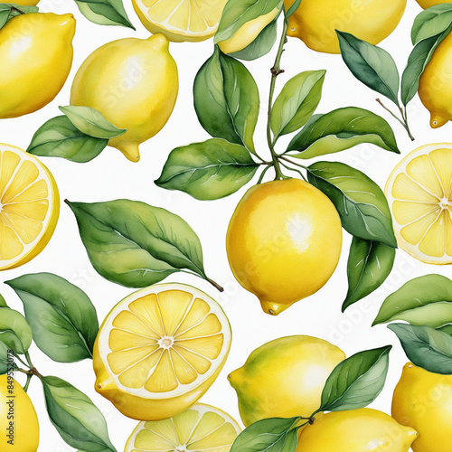 Yellow lemon painted in watercolor and isolated on a transparent white background