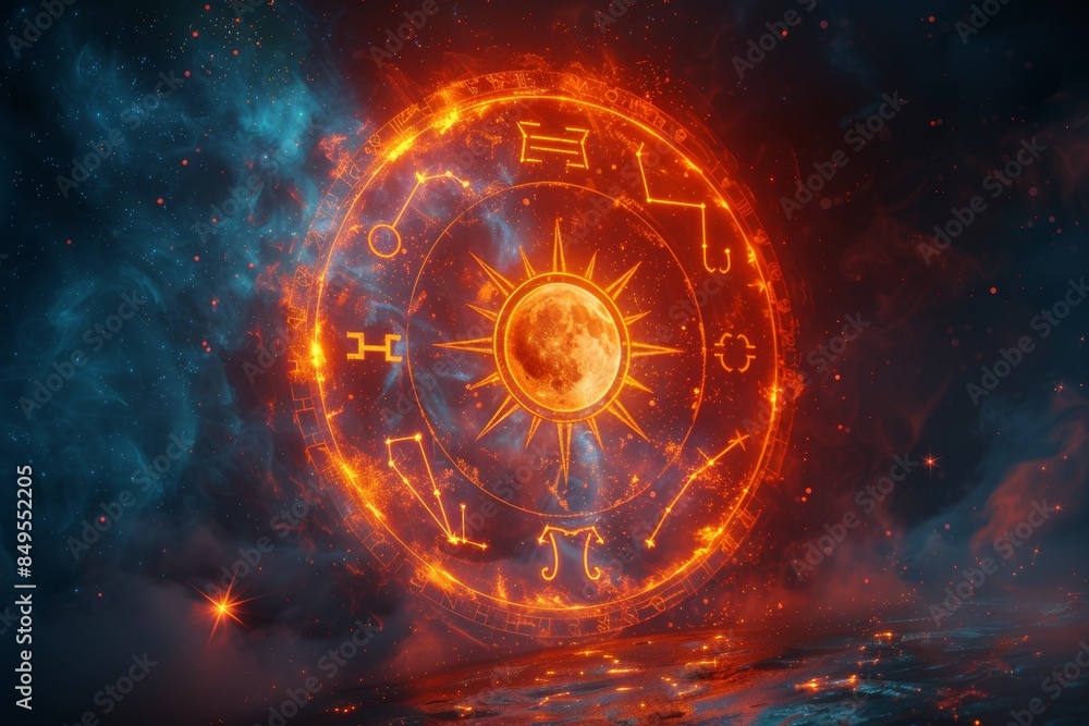 Fototapeta premium Flaming Zodiac Wheel Above Starry Night Sky