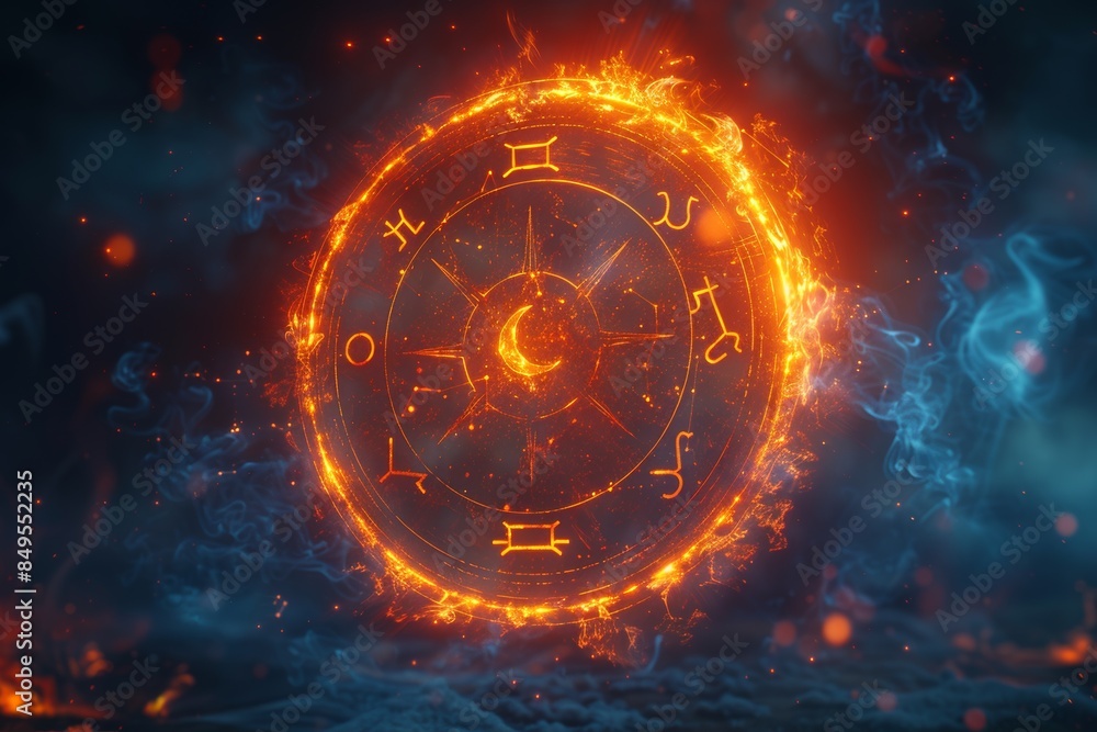 Obraz premium Zodiac Wheel Encircled in Fiery Flames, Glowing in Dark Night Sky