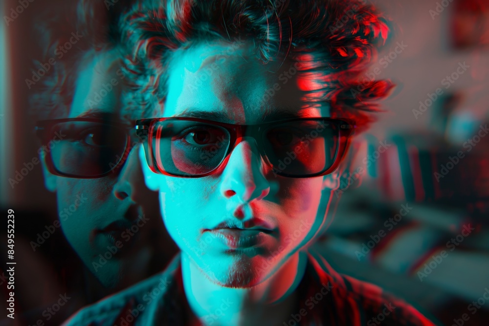 Portrait of a young man with red-blue 3D anaglyph effect, creating a double vision look Portrait of a young man with red-blue 3D anaglyph effect, creating a double vision look